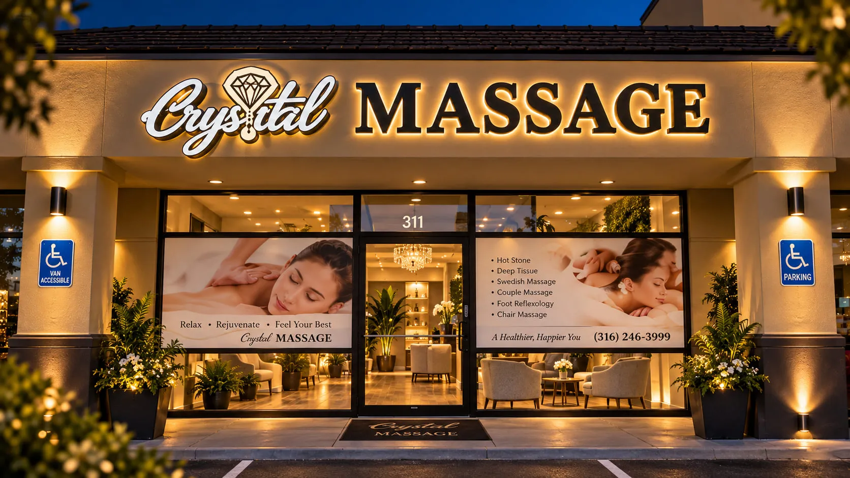 Illuminated Crystal Massage sign above the storefront, with 311 over the entrance