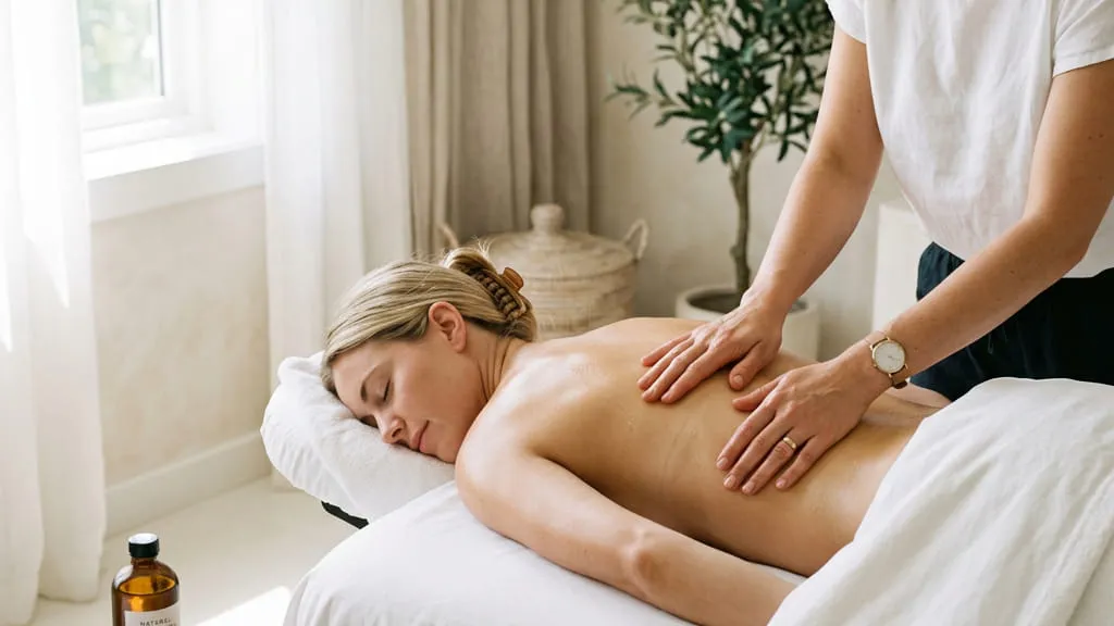 A therapist massaging a guest's back on a massage table