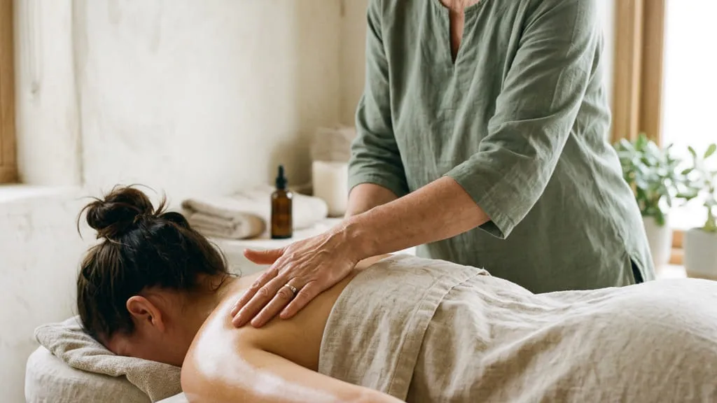 A therapist working long strokes down the length of a guest's back on a massage table