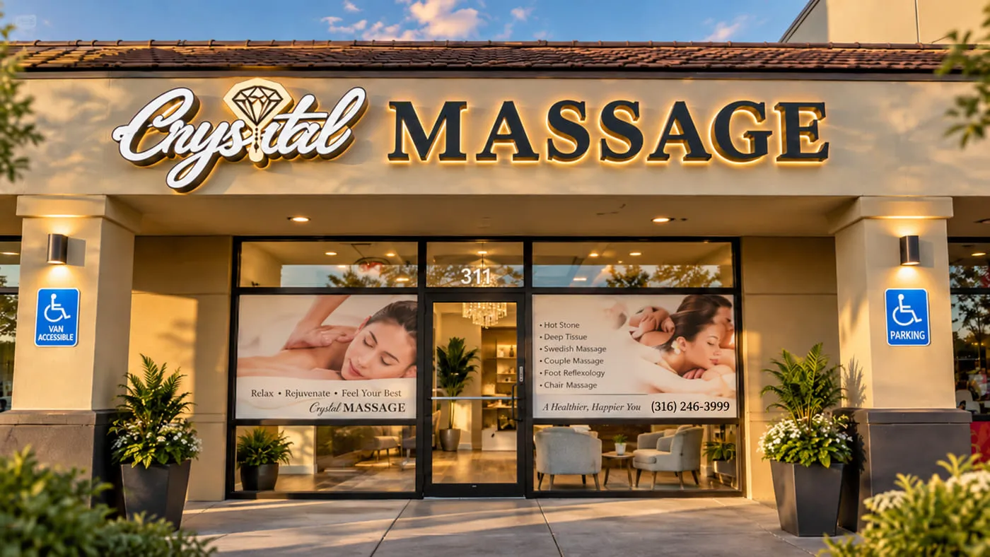 The daylight storefront of Crystal Massage in The Shops at Tallgrass, on the north side of E 21st Street in Wichita, Kansas