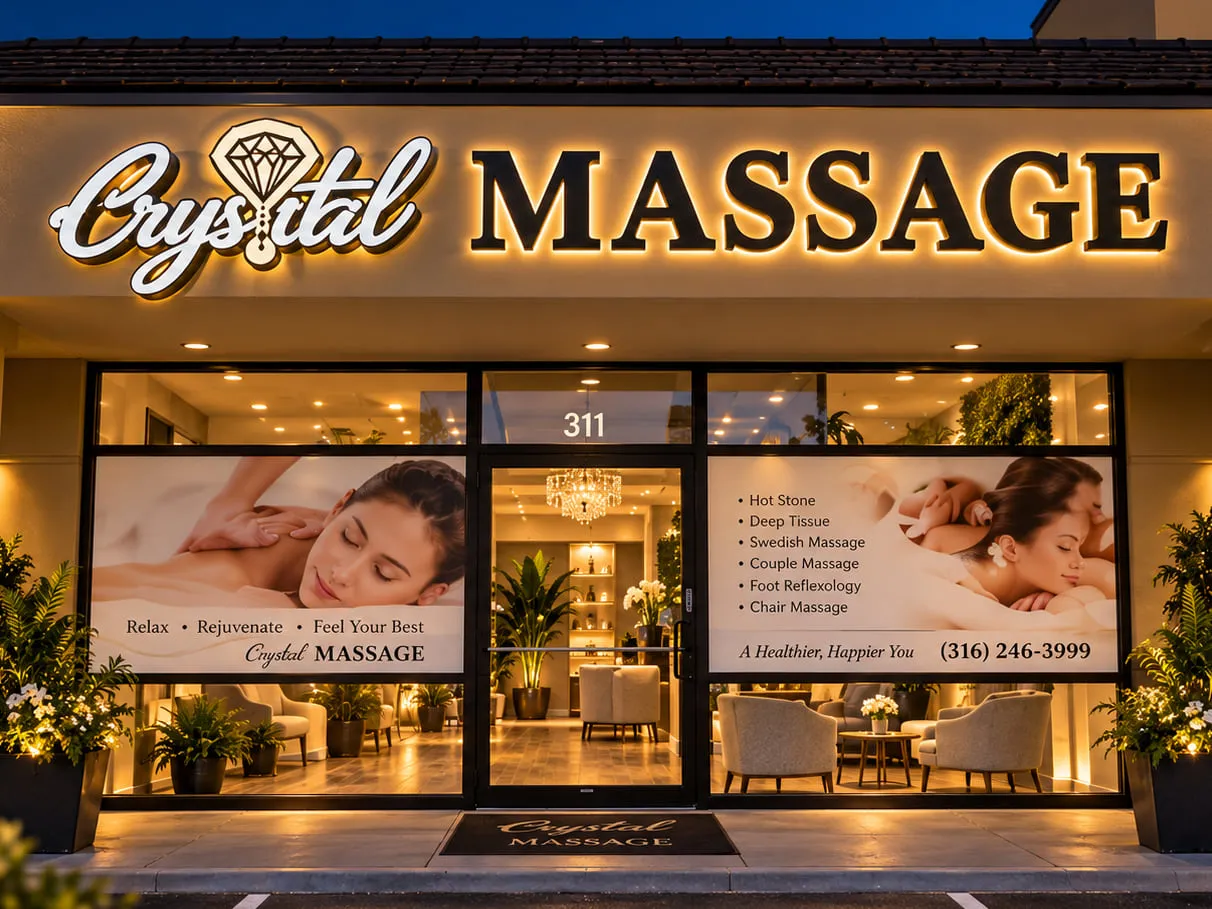 The entrance doors to Crystal Massage, Suite 311, seen from the plaza lot on E 21st Street in Wichita